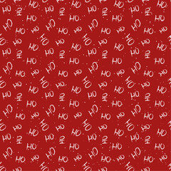 Vector seamless pattern of the word HO-HO and snow on a red background. Festive template for postcard, banner, packaging, wallpaper, textile