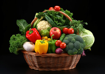 Assorted organic vegetables and fruits in wicker basket