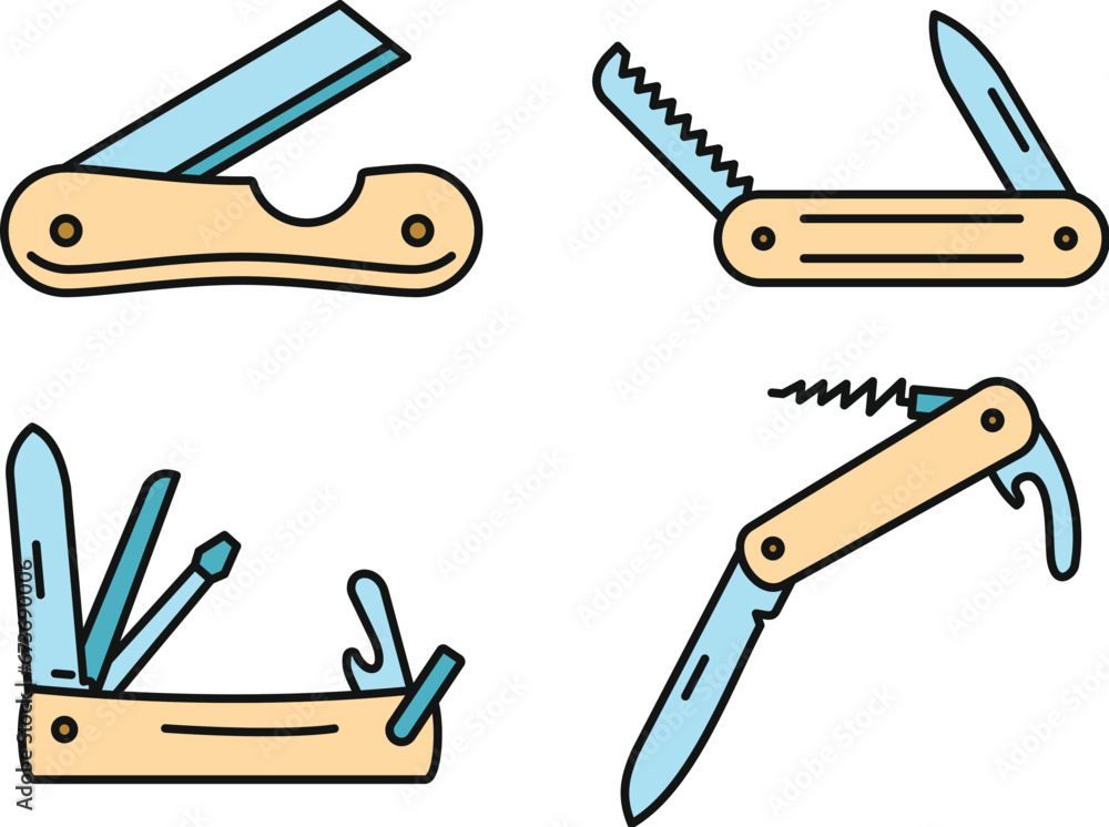 Poster multifunction penknife icons set. outline set of multifunction penknife vector icons thin line color