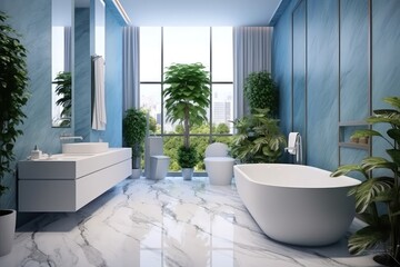 Fototapeta na wymiar Luxury modern bathroom with bath tub and window. Created with Ai