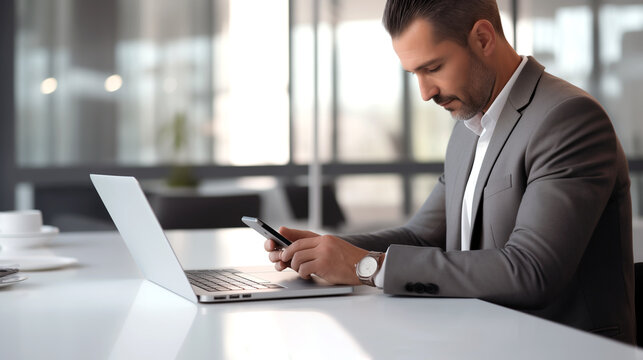 A young caucasian businessman sitting in an office. Working, concentrating on his mobile phone. Concept of getting things done or finish a task. Business, success concept in a modern office setting.