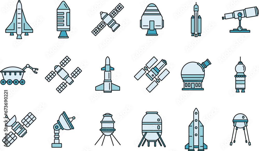 Poster planet space research technology icons set. outline set of planet space research technology vector i