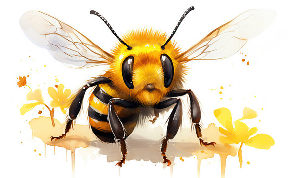 Watercolor, funny bee on a white background.