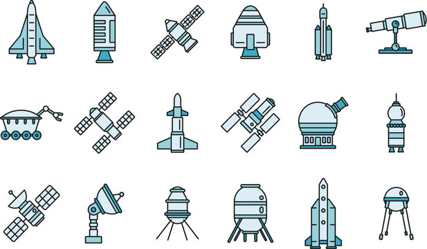 Planet space research technology icons set. Outline set of planet space research technology vector icons thin line color flat on white