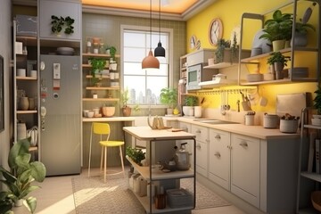 Modern kitchen design with yellow wallpaper and fridge. Create with Ai