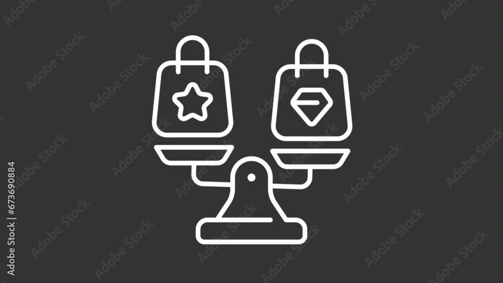 Poster 2d set of white icon animations representing comparison, hd video with transparent background, seaml