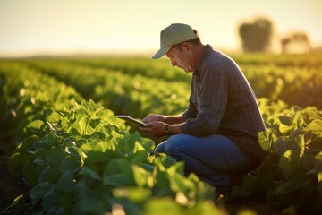 Naklejka na ściany i meble Farmer working in farm to examine the plants by using tablet.