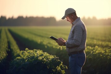 Farmer working in farm to examine the plants by using tablet. - obrazy, fototapety, plakaty