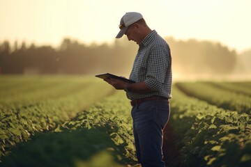 Farmer working in farm to examine the plants by using tablet.