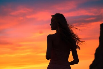 Silhouette of beautiful model woman walking in the sunset on the beach