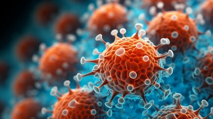 3d render of invading virus at molecular level, with virus' spiked surfaces fuse with the cell's surface