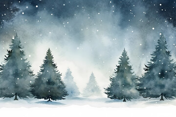 Fototapeta na wymiar Watercolor style drawing with trees with falling snow in winter landscape and copy space