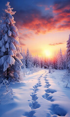 Spuren im Winterwald im Sonnenuntergang
