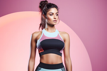 Obraz premium Studio shot of young fit woman in sportswear crop top in front of pink background