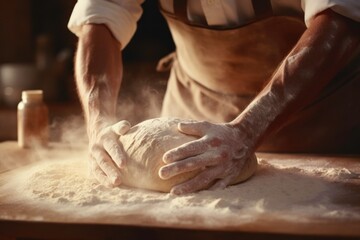 Close up hand of baker male kneading dough for fresh bread. - obrazy, fototapety, plakaty