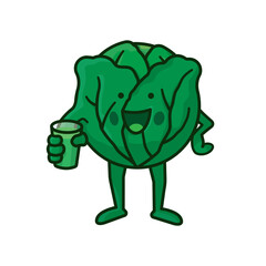 Cabbage Kawaii character with green vegetable smoothie drink isolated vector illustration.  for Cabbage Day on February 17. Symbol of healthy eating.