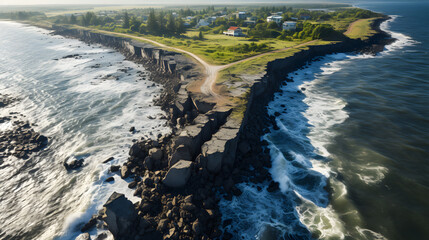 An impactful image of an eroding coastline, illustrating the immediate threat to coastal communities due to rising sea levels and climate change. - obrazy, fototapety, plakaty