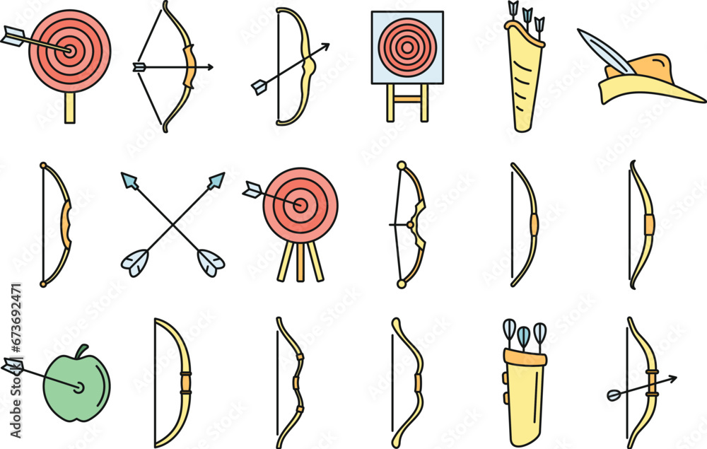 Poster accuracy archery icons set. outline set of accuracy archery vector icons thin line color flat on whi