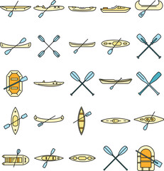 Extreme canoeing icons set. Outline set of extreme canoeing vector icons thin line color flat on white © anatolir