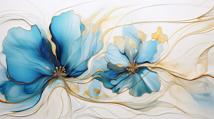 Elegant ink painting with azure blossoms and golden veins