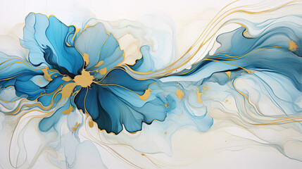 Elegant ink painting with azure blossoms and golden veins
