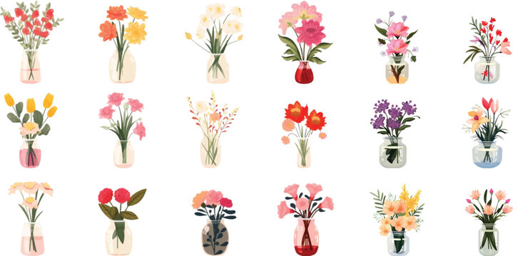 Set of cute childish flower vases drawn on a white background.