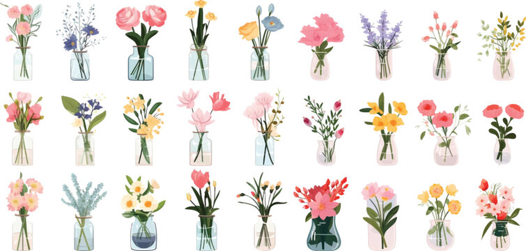 Set of cute childish flower vases drawn on a white background.
