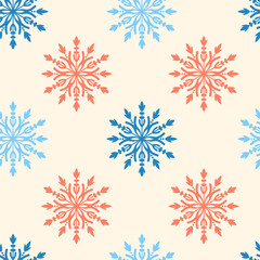 Winter seamless pattern with colorful snowflakes. Cozy vintage seasonal endless background with snow. Cute hygge repeat vector illustration for textile, wrapping paper, greeting card