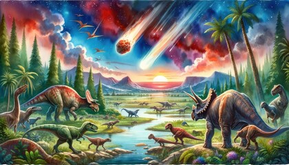 Watercolor of dinosaurs before asteroid impact