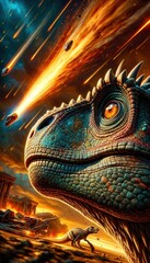 Dinosaur gazes at falling meteorite, reflection in eye.