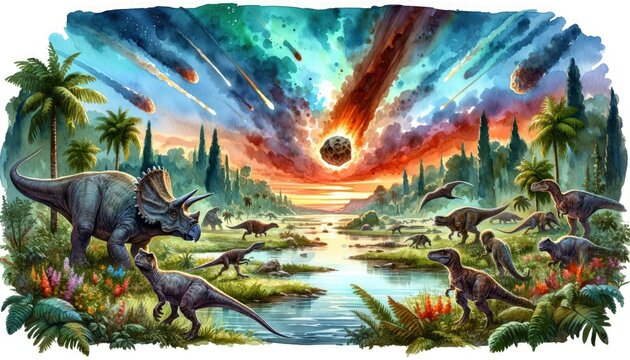 Dinosaurs in Cretaceous period watercolor.