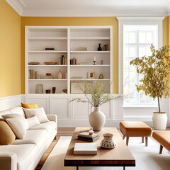 Beige sofa near built-in bookcase. Classic home interior design of modern living room.