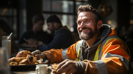 Happy construction worker dining in site cafeteria .Generative AI