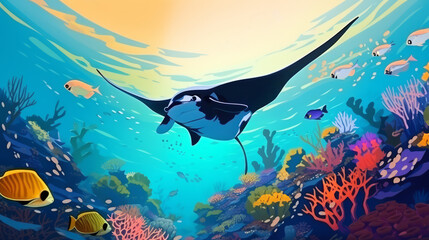 Colorful illustration of giant manta ray swimming in ocean