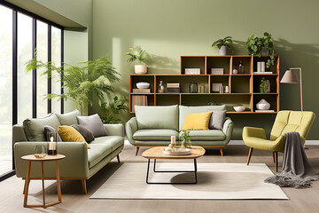 Green sofa and chair against green wall with book shelf. Scandinavian home interior design of modern living room with greenery. - obrazy, fototapety, plakaty