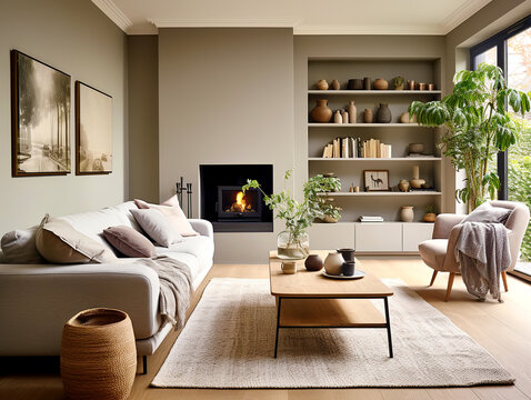Fototapeta Sofa and chair in room with fireplace and book shelf. Scandinavian style home interior design of modern living room.