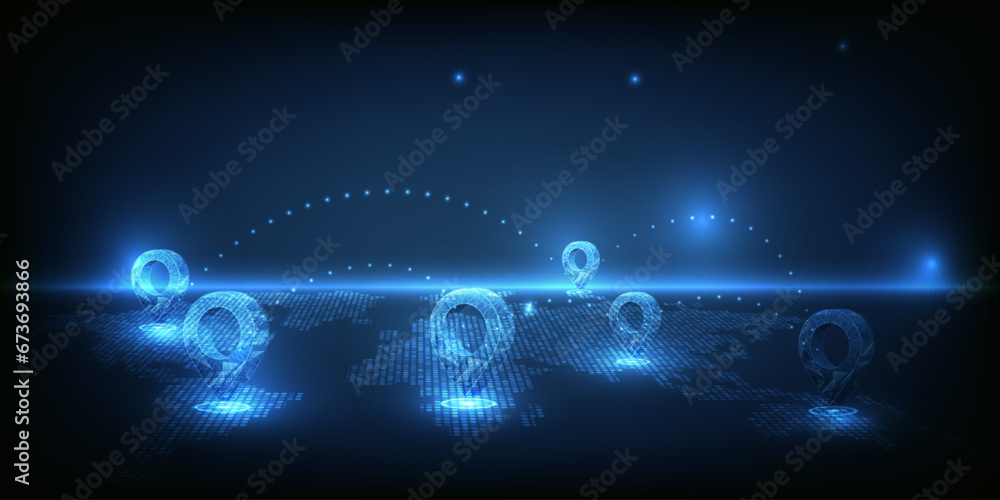 Poster vector illustrations of futuristic location icon pin on world map .business strategy and digital com