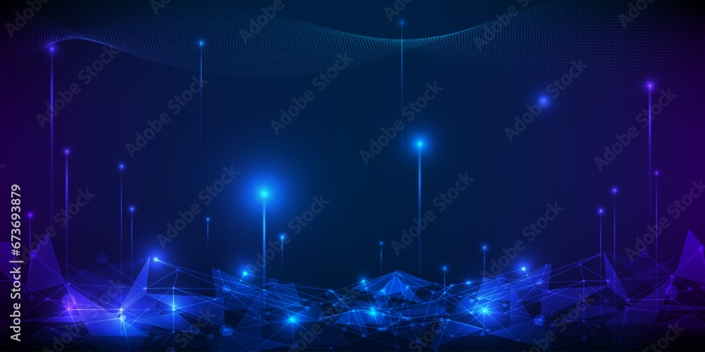 Poster vector illustration of futuristic digital technology background with glowing dots floating on digita