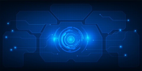 Vector illustration of futuristic digital technology background with circle tech head up display,grid field and circuits network curve panel for advertising and game graphic 