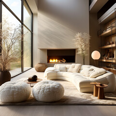 Fluffy sheepskin poufs near curved sofa against beige wall with copy space. Minimalist luxury home interior design of modern living room in villa.