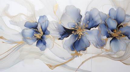 Cobalt ink painting with golden veins on white - Swirling fluid beauty