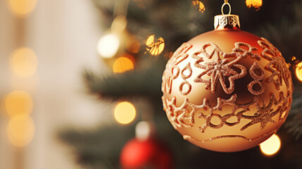 Close-up of golden christmas tree bauble hanging as decoration