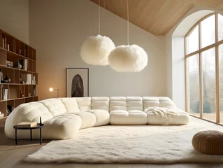 Foto op Plexiglas Tufted curved sofa against arched window. Bookcase and fluffy fur pendant lamps. Minimalist luxury home interior design of modern living room in villa. © Vadim Andrushchenko