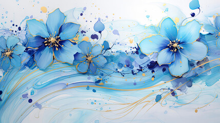 Sky-blue blossoms golden strokes periwinkle swirls - a dance of ink and blooms