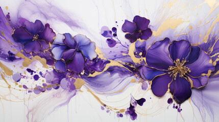 Violet golden flower swirls on white - a celebration of fluid artistry