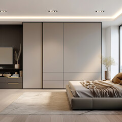 Grey wardrobe in minimalist style interior design of modern bedroom. - obrazy, fototapety, plakaty