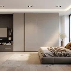 Fotobehang Grey wardrobe in minimalist style interior design of modern bedroom. © Vadim Andrushchenko