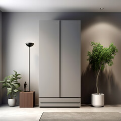 Grey wardrobe in minimalist style interior design of modern bedroom.