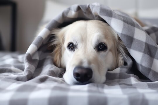 Tired retriever golden dog lay down under blanket.