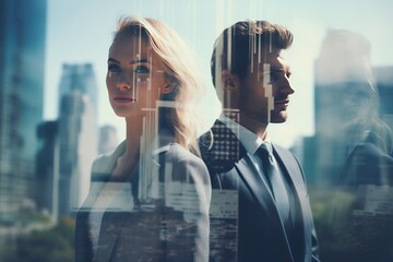 Double exposure of businessman and businesswoman with city. - obrazy, fototapety, plakaty